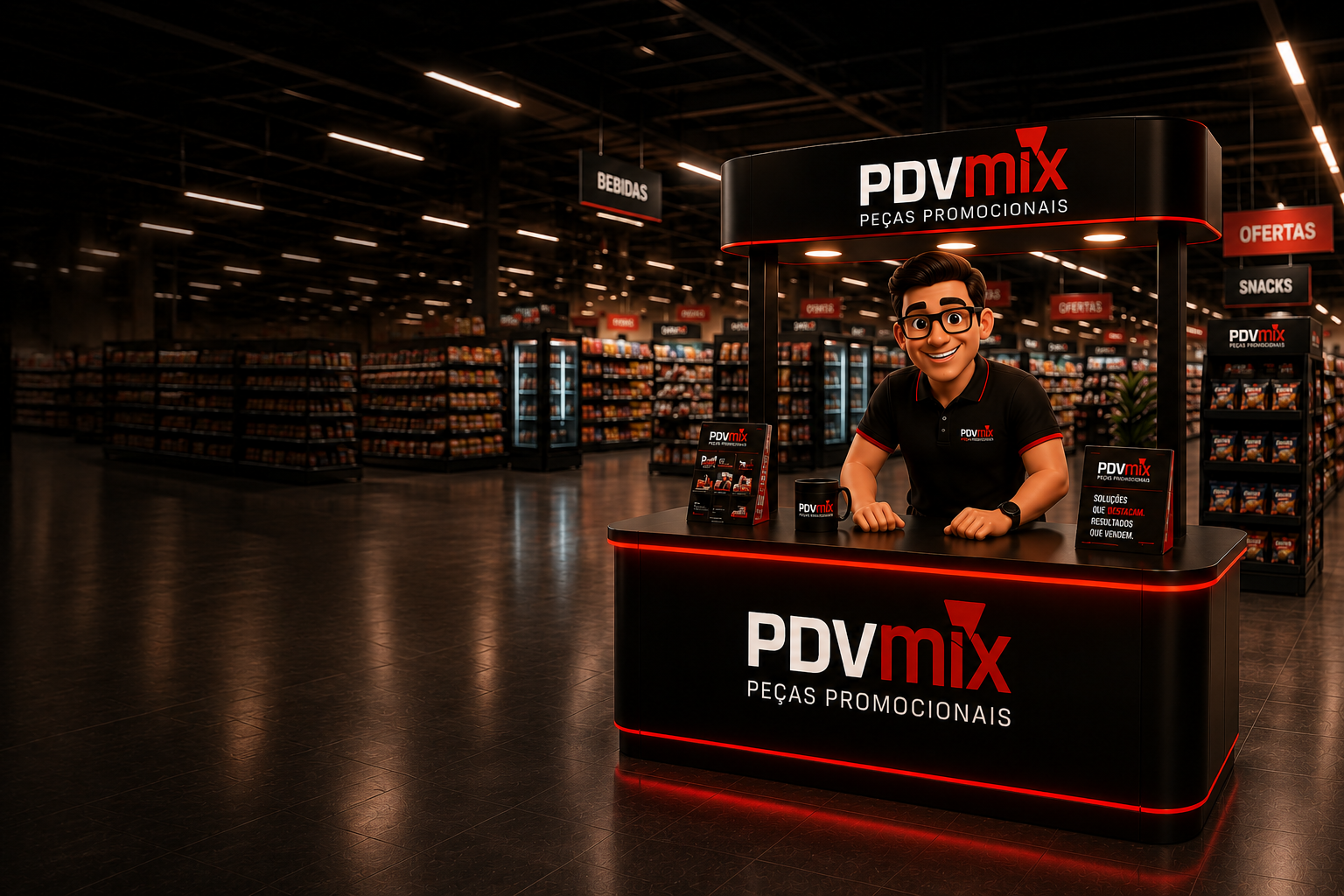 Balcão promocional PDV MIX com mascote oficial no supermercado